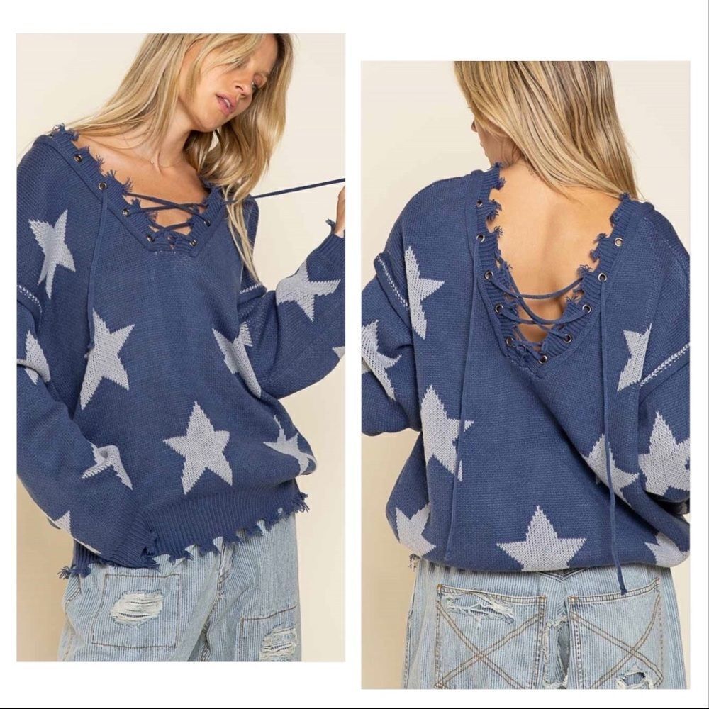 ๐
บPOL Bohemian sweater with tattered raw edges, and Lace up front and back - Picture 12 of 15